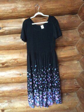 Blair Black Floral Smocked Bodice Cottagecore Feminine Maxi Dress Size Large